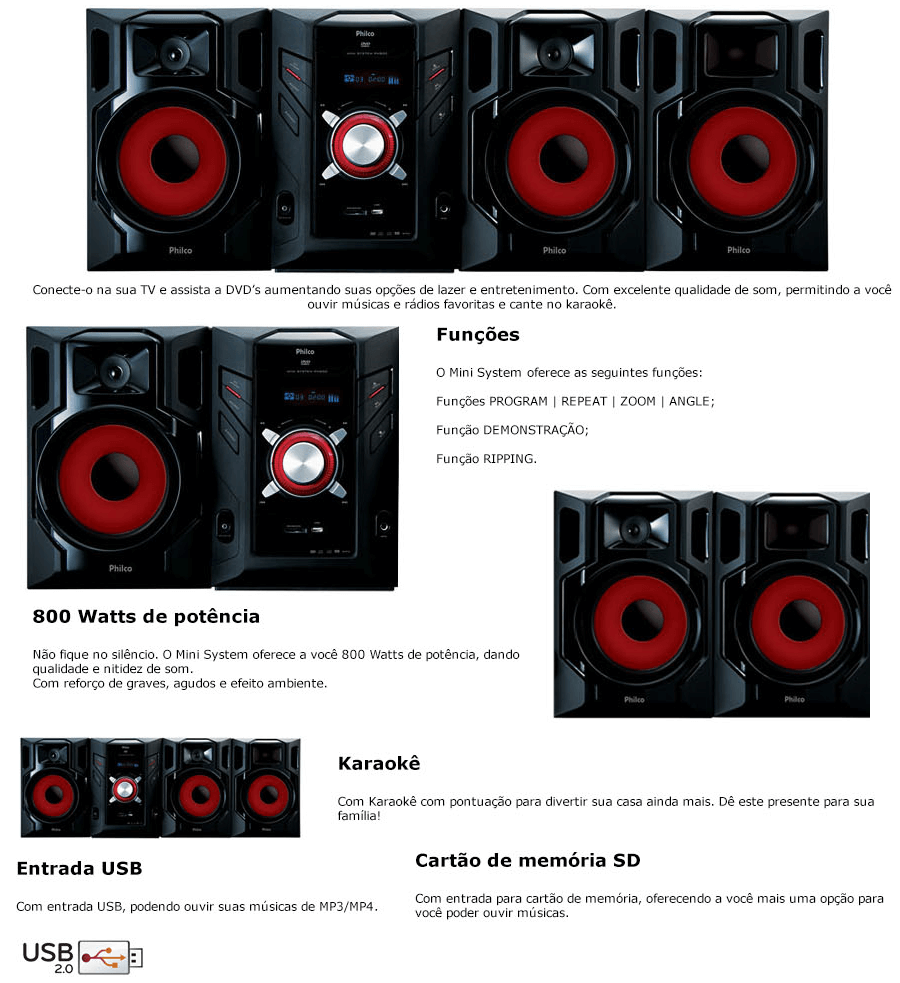 MINI SYSTEM PHILCO KARAOKÊ 800w USB GM CARTÃO MEMORIA