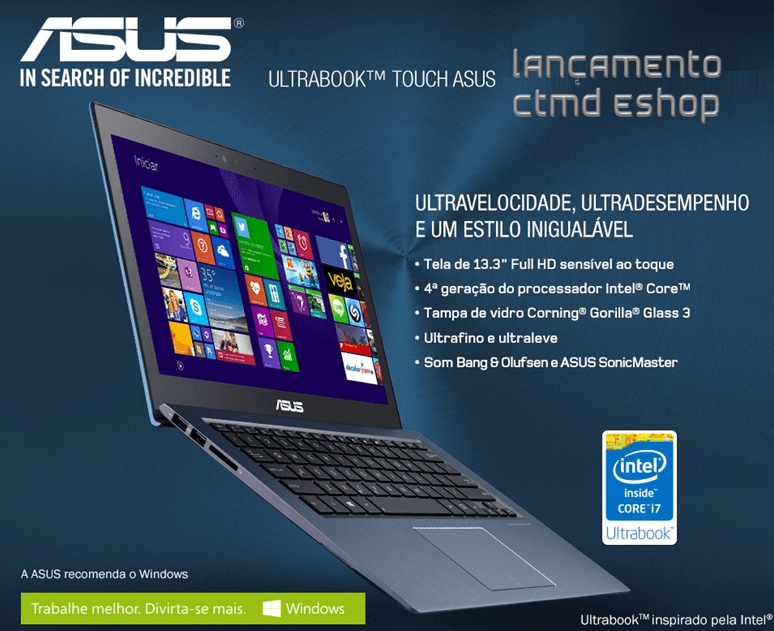 ULTRABOOK ASUS TOUCH CORE I5 4GB RAM HD SSD 16GB + HD500  WIN10 TELA LED 13 C/ PLACA DE VÍDEO GFORCE 2GB