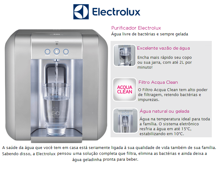 PURIFICADOR DE ÁGUA REFRIGERADO ELECTROLUX PURIFICADOR DE ÁGUA REFRIGERADO ELECTROLUX