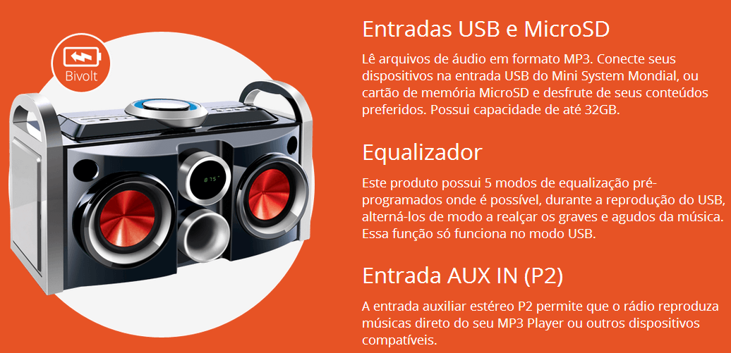 MINI SYSTEM MONDIAL PARTYBOX USB/SD/AUX e Rádio FM - 30W MINI SYSTEM MONDIAL PARTYBOX USB/SD/AUX e Rádio FM - 30W