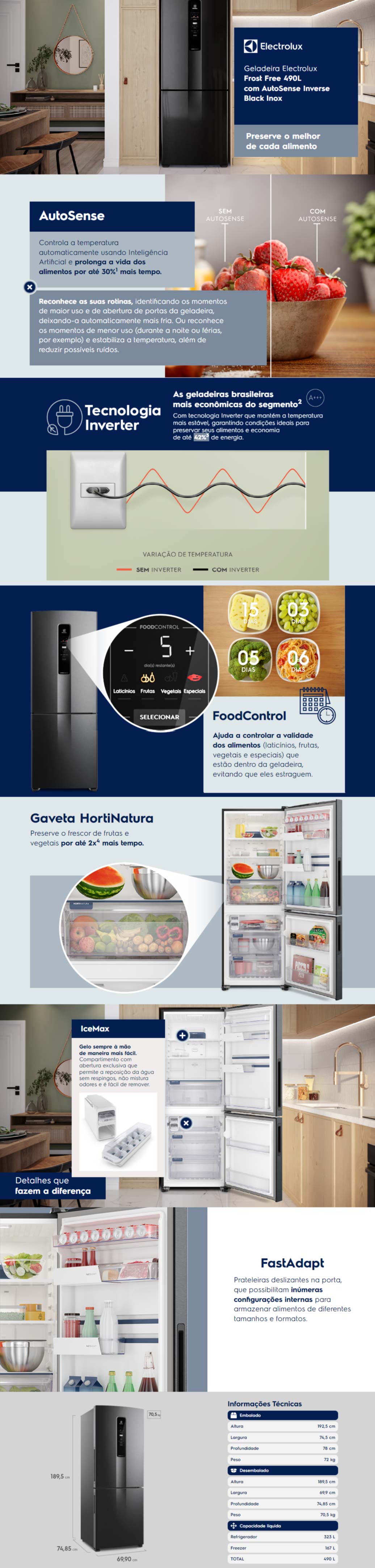 Geladeira Refrigerador Electrolux 490L Frost Free Autosense Inverter Geladeira Refrigerador Electrolux 490L Frost Free Autosense Inverter